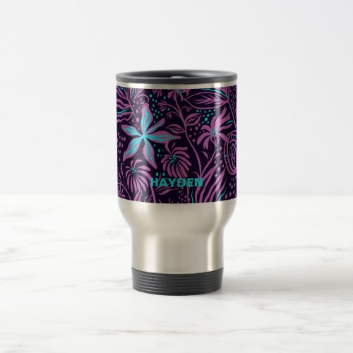 Modern Dark Purple Floral Pattern Personalised Travel Mug