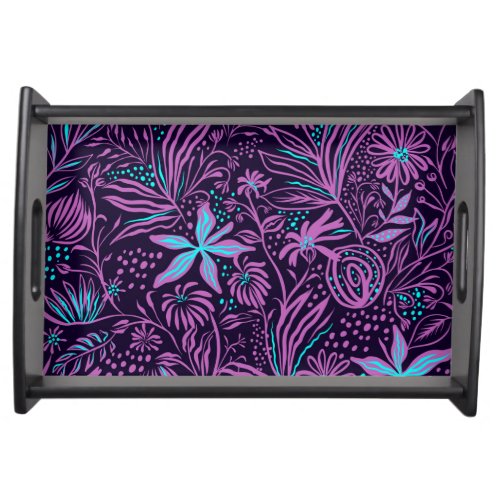 Modern Dark Purple Floral Pattern Serving Tray