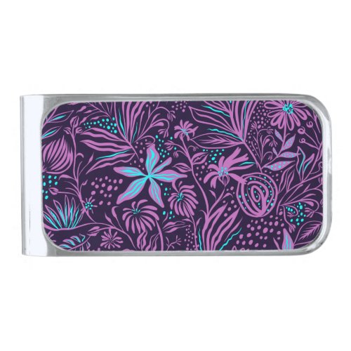 Modern Dark Purple Floral Pattern Silver Finish Money Clip