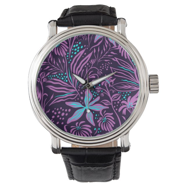 Modern Dark Purple Floral Pattern Watch (Front)