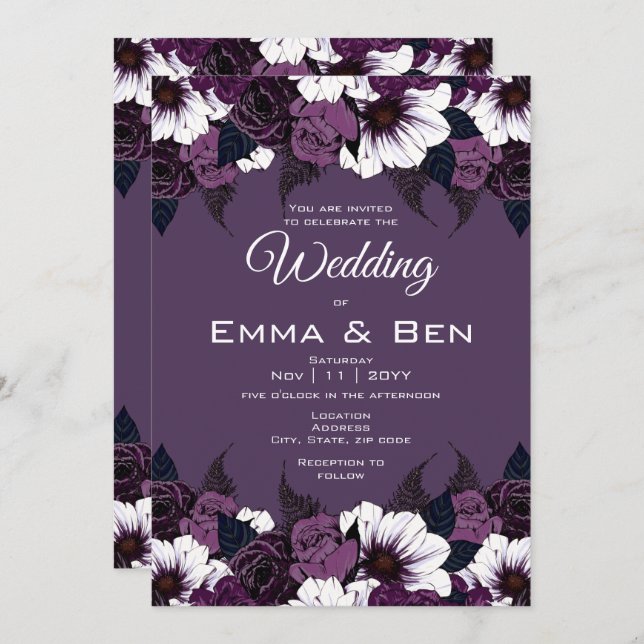 Modern Dark Purple Floral Wedding Invitation (Front/Back)