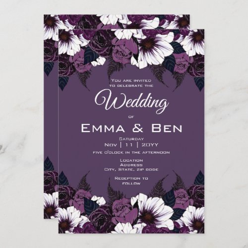 Modern Dark Purple Floral Wedding Invitation