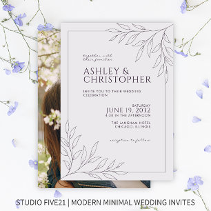 Modern Dark Purple Foliage Outline Photo Wedding Invitation
