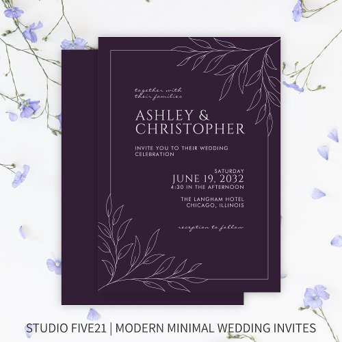 Modern Dark Purple Foliage Outline Wedding Invitation