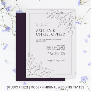 Modern Dark Purple Foliage Outline Wedding Invitation