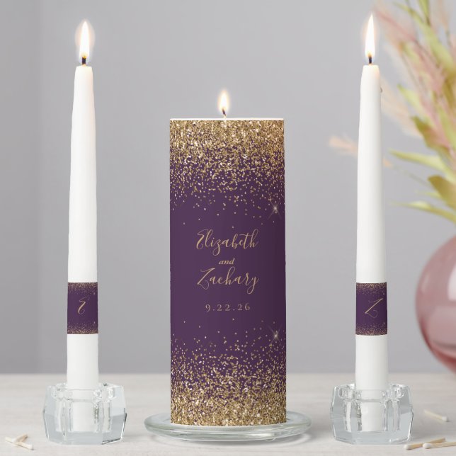 Modern Dark Purple Gold Faux Glitter Edge Unity Candle Set (In Situ)