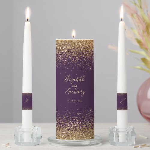 Modern Dark Purple Gold Faux Glitter Edge Unity Candle Set