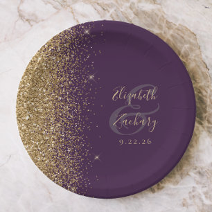 Modern Dark Purple Gold Glitter Edge Wedding Paper Plates