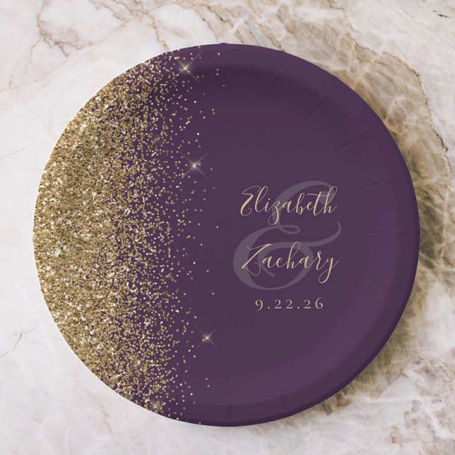 Modern Dark Purple Gold Glitter Edge Wedding Paper Plates (Creator Uploaded)