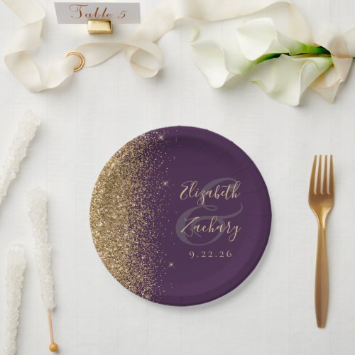 Modern Dark Purple Gold Glitter Edge Wedding Paper Plates