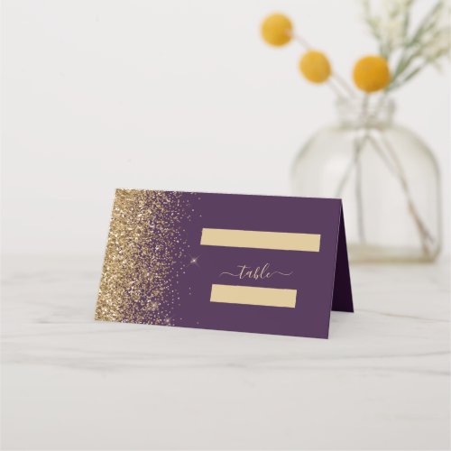 Modern Dark Purple Gold Glitter Edge Wedding Place Card