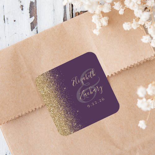 Modern Dark Purple Gold Glitter Edge Wedding Square Sticker