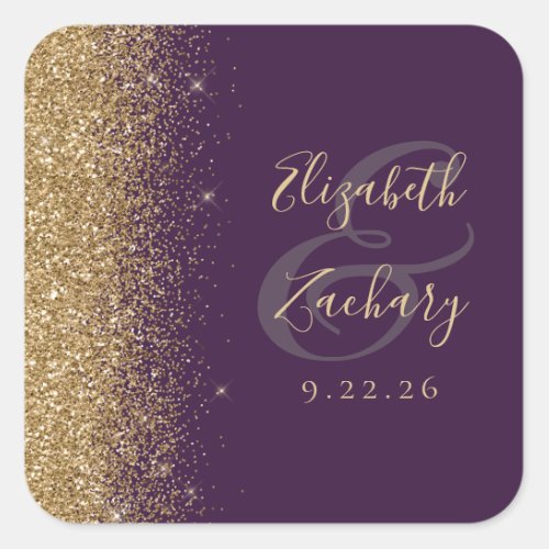 Modern Dark Purple Gold Glitter Edge Wedding Square Sticker