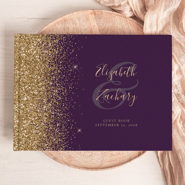 Modern Dark Purple Gold Glitter Script Guest Book (Creator Uploaded)