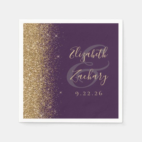 Modern Dark Purple Gold Glitter Wedding Napkins