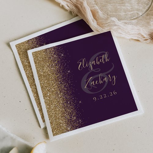 Modern Dark Purple Gold Glitter Wedding Napkins