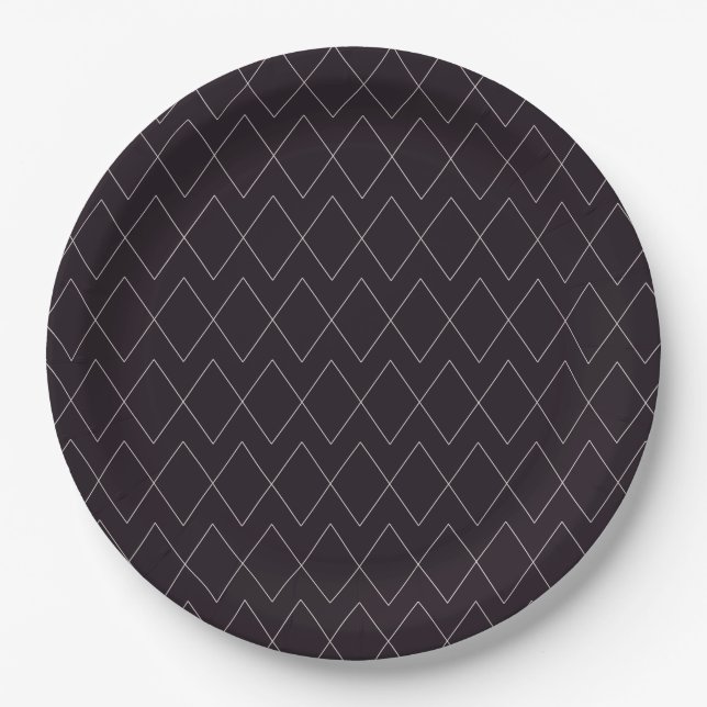 Modern Dark Purple & Grey Diamond Pattern Paper Plates (Front)