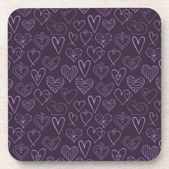Modern Dark Purple Hearts Pattern Beverage Coaster (Front)