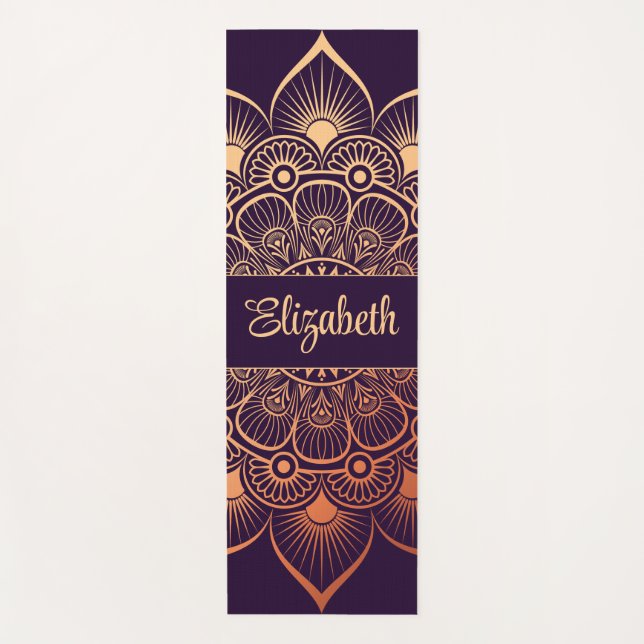 Modern Dark Purple Mandala Custom Name Yoga Mat (Front)