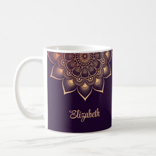 Modern Dark Purple Peach Mandala Custom Name Mug