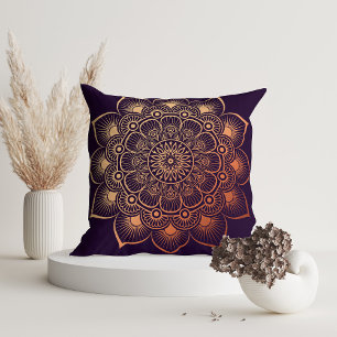 Modern Dark Purple Peach Mandala Throw Pillow
