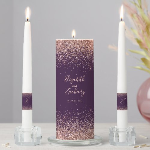 Modern Dark Purple Rose Gold Faux Glitter Edge Unity Candle Set