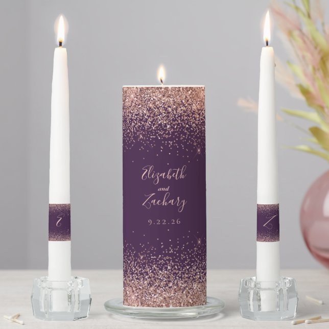 Modern Dark Purple Rose Gold Faux Glitter Edge Unity Candle Set (In Situ)