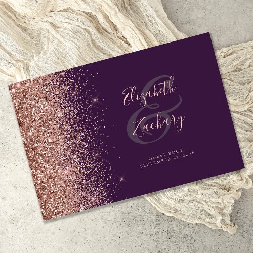 Modern Dark Purple Rose Gold Glitter Script Guest Book