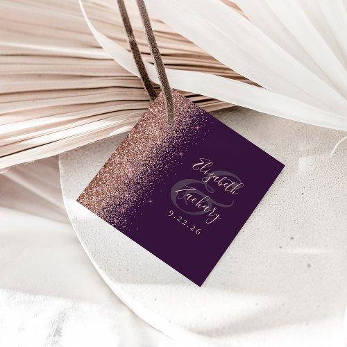 Modern Dark Purple Rose Gold Glitter Wedding Favor Tags