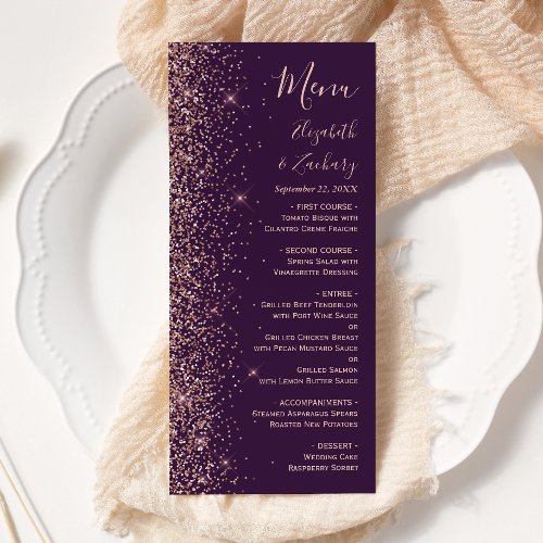 Modern Dark Purple Rose Gold Glitter Wedding Menu