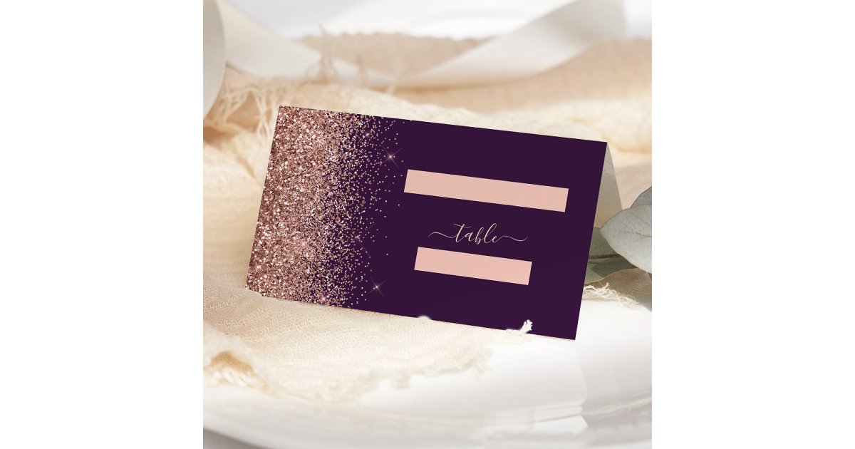 Modern Dark Purple Rose Gold Glitter Wedding Place Card | Zazzle