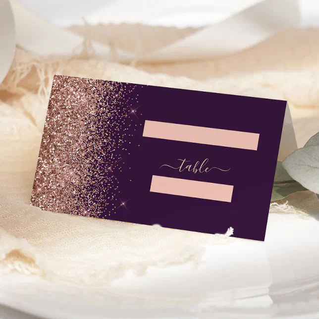 Modern Dark Purple Rose Gold Glitter Wedding Place Card | Zazzle