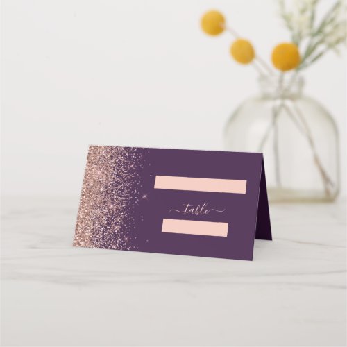 Modern Dark Purple Rose Gold Glitter Wedding Place Card