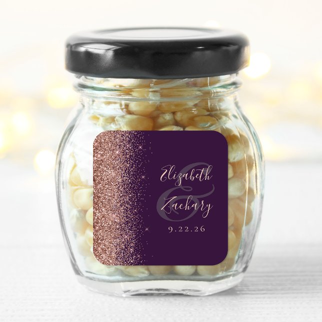 Modern Dark Purple Rose Gold Glitter Wedding Square Sticker (Creator Uploaded)