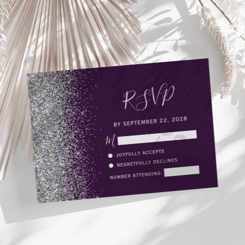 Modern Dark Purple Silver Faux Glitter Edge RSVP Card