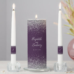Modern Dark Purple Silver Faux Glitter Edge Unity Candle Set