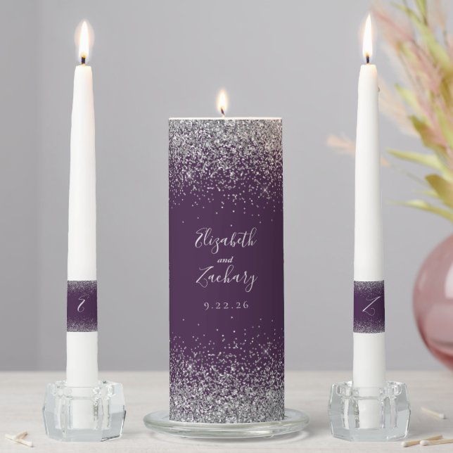 Modern Dark Purple Silver Faux Glitter Edge Unity Candle Set (In Situ)
