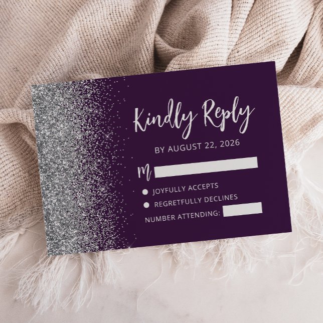 Modern Dark Purple Silver Glitter Edge Script RSVP Card (Creator Uploaded)