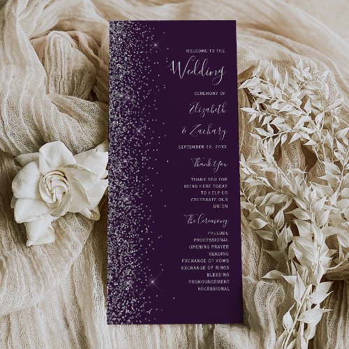 Modern Dark Purple Silver Glitter Edge Wedding