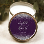 Modern Dark Purple Silver Glitter Edge Wedding Classic Round Sticker<br><div class="desc">This elegant modern wedding sticker features a faux silver glitter design on the top and bottom edge. Easily customize the silver gray text on a dark purple background,  with the names of the couple in handwriting calligraphy over a large ampersand.</div>