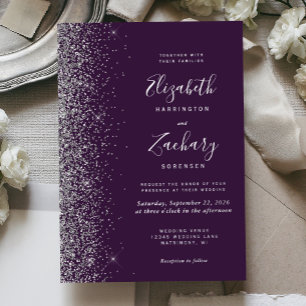 Modern Dark Purple Silver Glitter Edge Wedding Foil Invitation