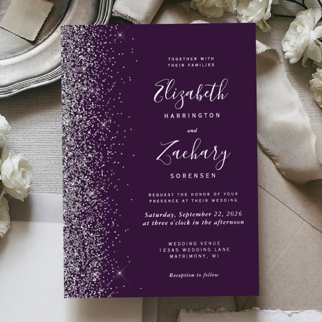 Modern Dark Purple Silver Glitter Edge Wedding Foil Invitation (Creator Uploaded)