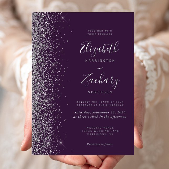 Modern Dark Purple Silver Glitter Edge Wedding Foil Invitation (Creator Uploaded)
