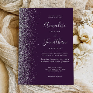 Modern Dark Purple Silver Glitter Edge Wedding Invitation