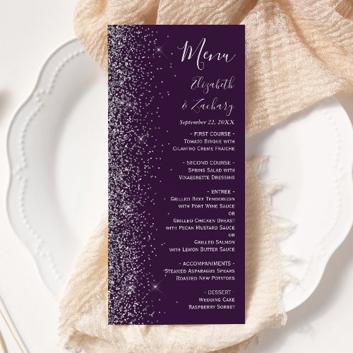 Modern Dark Purple Silver Glitter Edge Wedding Menu