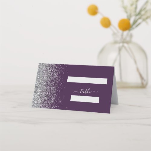 Modern Dark Purple Silver Glitter Edge Wedding Place Card