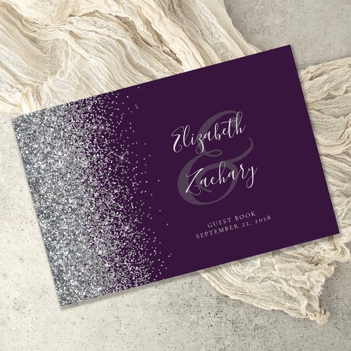 Modern Dark Purple Silver Glitter Script Guest Book