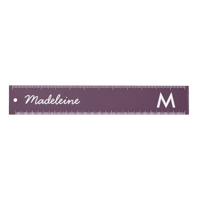 Modern Dark Purple White Monogram Script Name Ruler (Front)