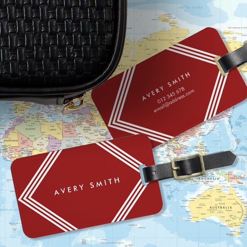 Modern Dark Red and Geometric White Borders Luggage Tag