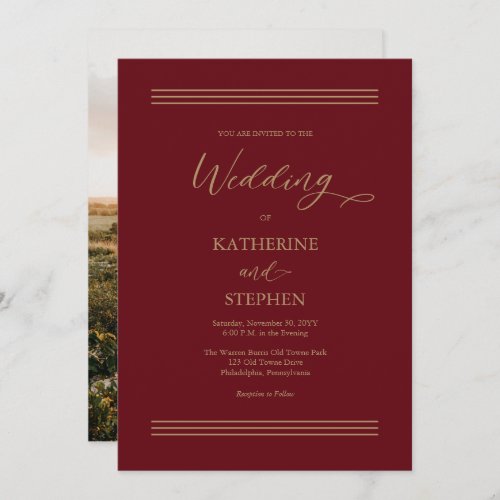 Modern Dark Red  Antique Gold Minimalist Wedding Invitation